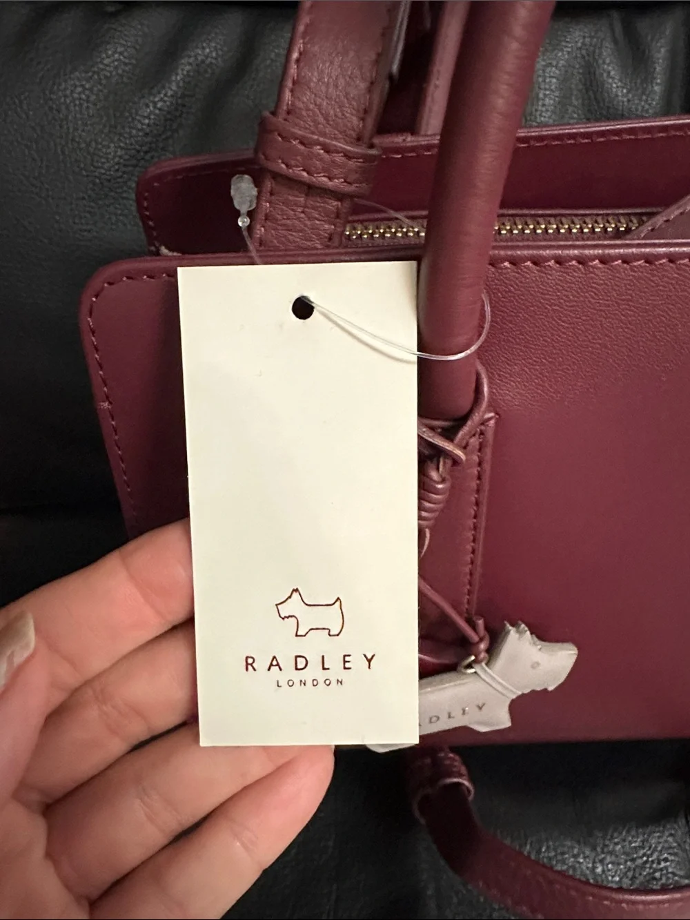 RADLEY LONDON Burgundy Leather Double-Handle Satchel with Dog Charm